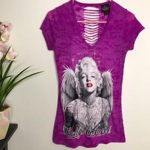 ✨3/$20✨ Marilyn Monroe Tattoo Hardly An Angel Wings Purple Distressed bling tee